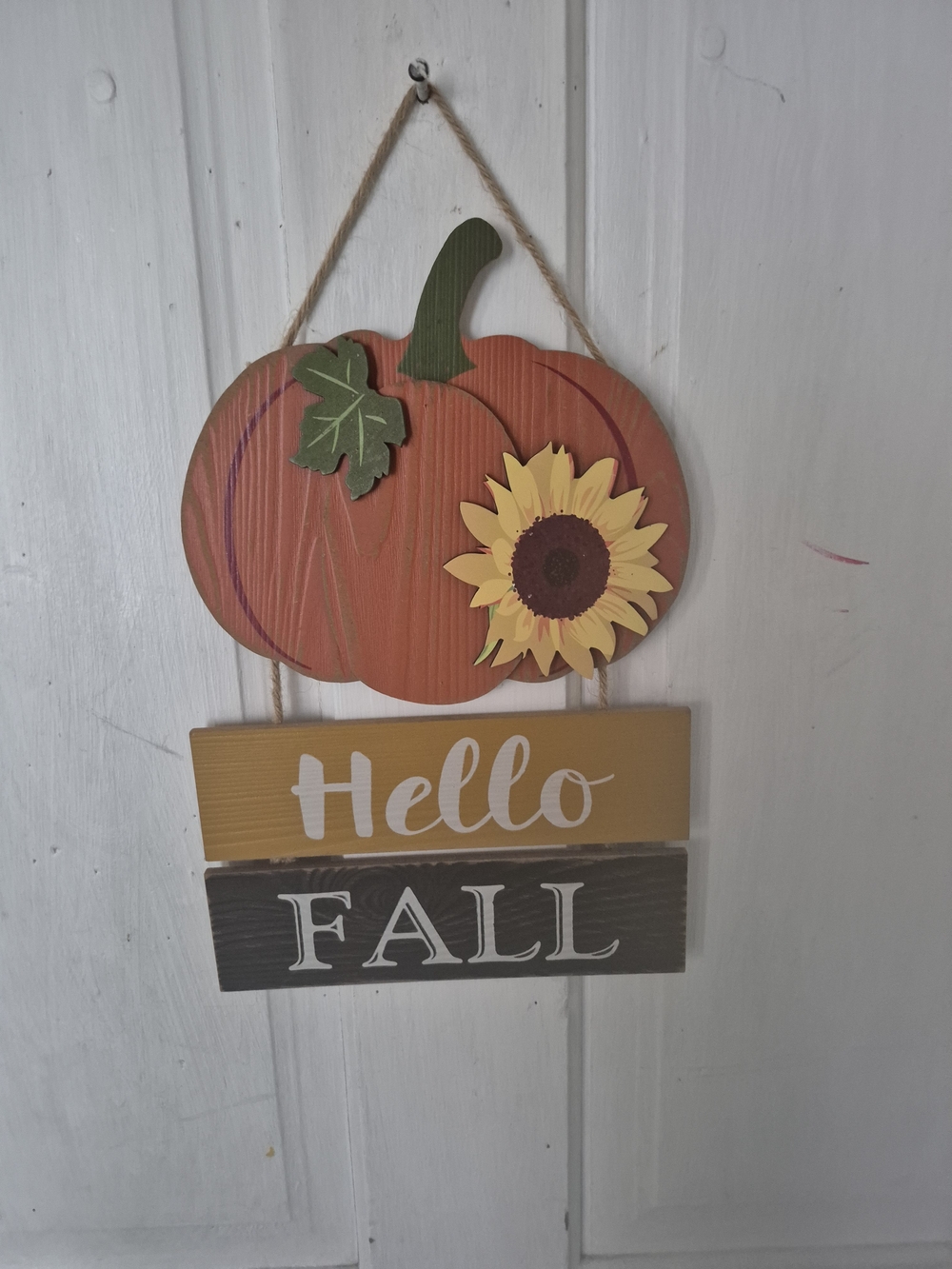 Hello Fall Pumpkin & Sunflower Hanging Sign - Orange